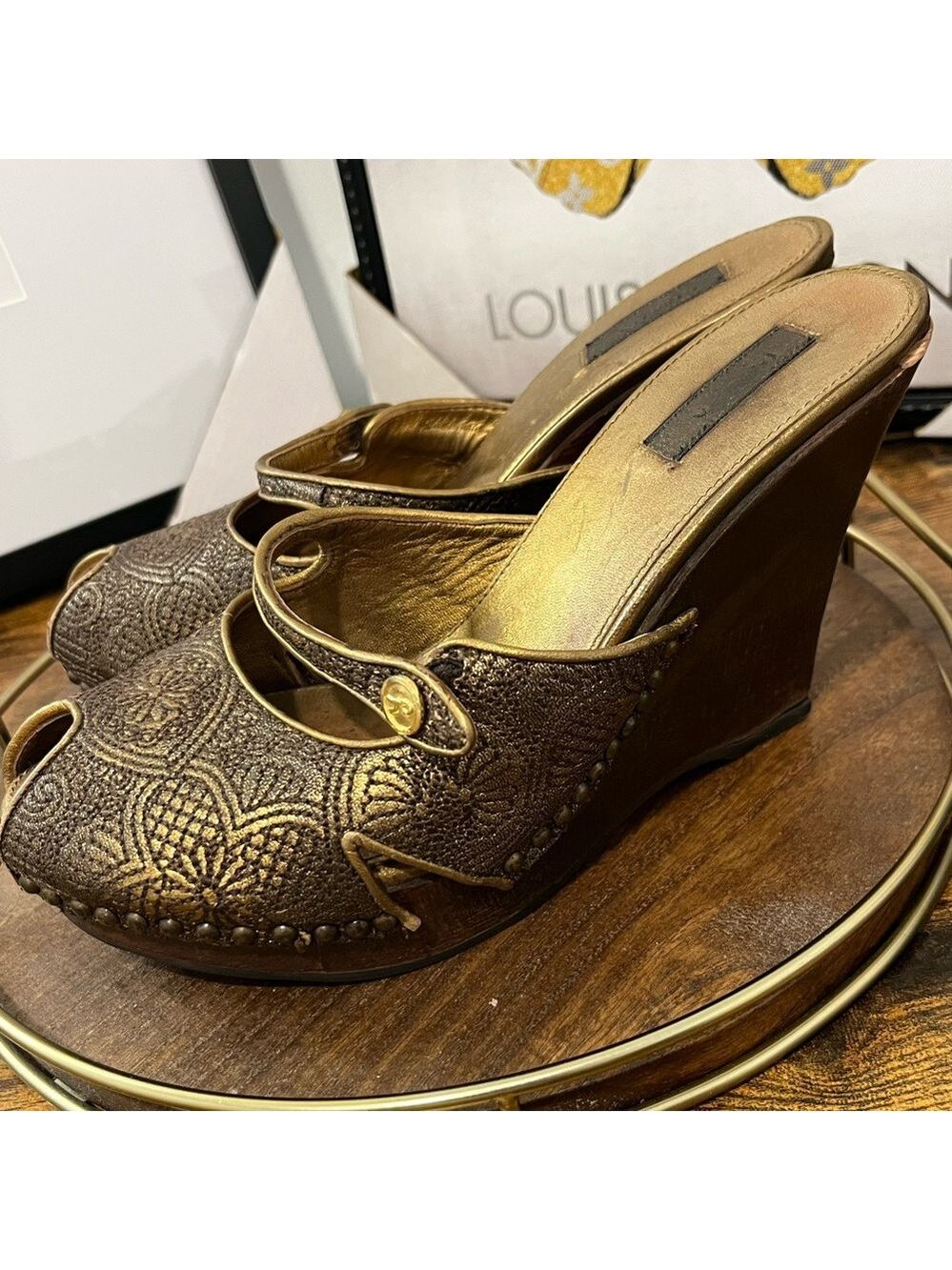 Prada Vintage Gold & Brown Wedge Shoes - Picture 5 of 7